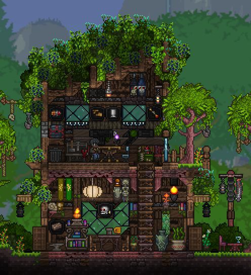 an old - fashioned house in the woods with lots of plants and trees around it