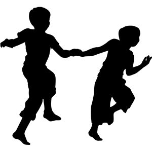 two children are playing with each other in the air, silhouetted against a white background