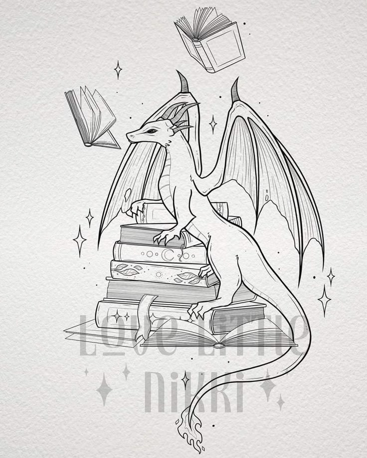 a drawing of a dragon sitting on top of books