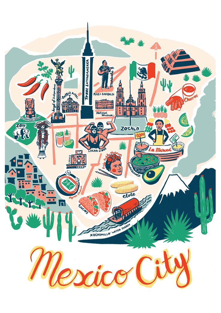 an illustrated map of mexico with the words mexico city