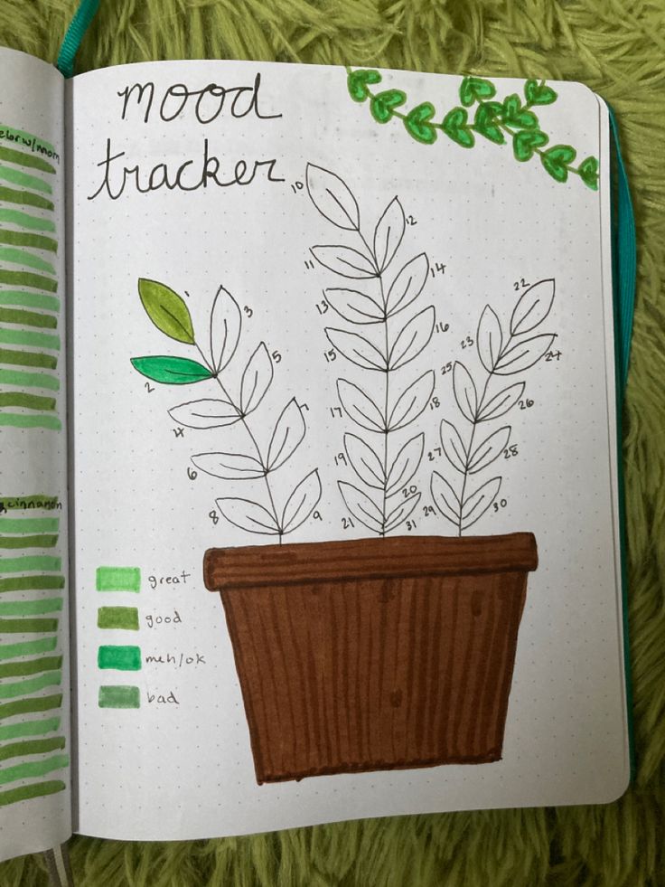 an open notebook with plants in it on a green blanket next to a pencil and marker