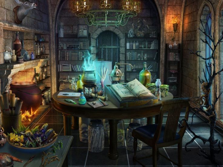 an image of a table with books and bottles on it in the middle of a room