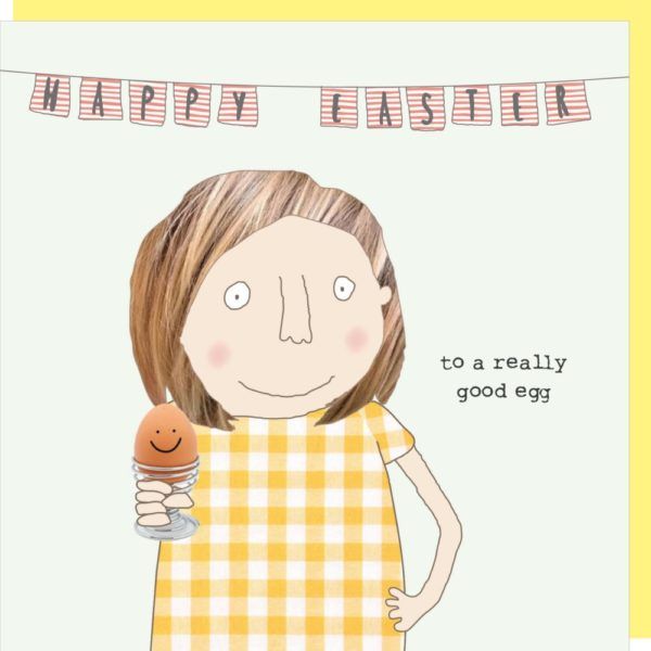 a woman holding an ice cream cone in front of a happy easter card with the words happy easter to a really good egg