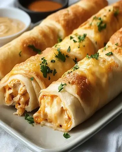 some food is on a white plate with sauce and dipping sauces in the background