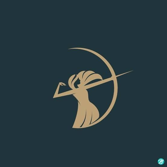 a woman with a bow and arrow in her hand on a dark background, the logo for