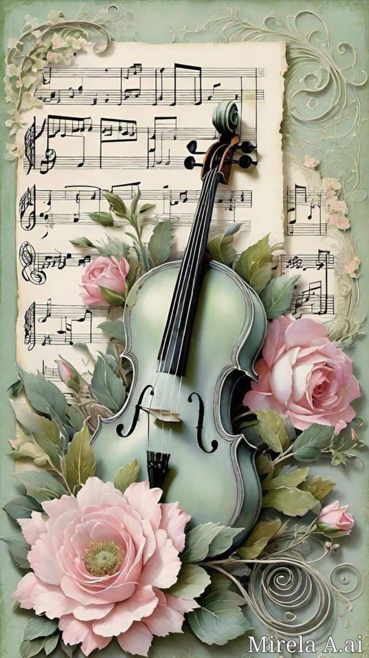 a violin with flowers and music notes on it's back wall art printable