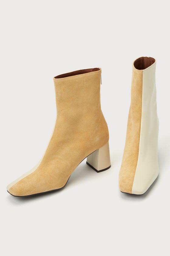 The Intentionally Blank Tabatha Cream Combo Suede Leather Two-Tone Booties are ready to be your go-to boots this season! These trendy two-tone boots will make any look instantly chic with their genuine soft suede and smooth leather construction that shapes a slightly tapered, square-toe upper and a 6.25" mid-shaft (with a 10.5" circumference). Keep styling simple with the 5.75" zipper at the back that allows for a easy on-and-off! Available in Euro sizes only. Cream Ankle Boots, Shifting Closet, Two Tone Boots, Cold Weather Shoes, Intentionally Blank, Tapered Square, Square Toe Boots, Shoes Booties, Mid Calf Boots