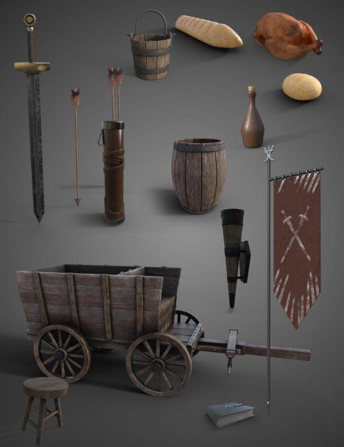 an assortment of items are displayed on a gray background, including a horse drawn wagon