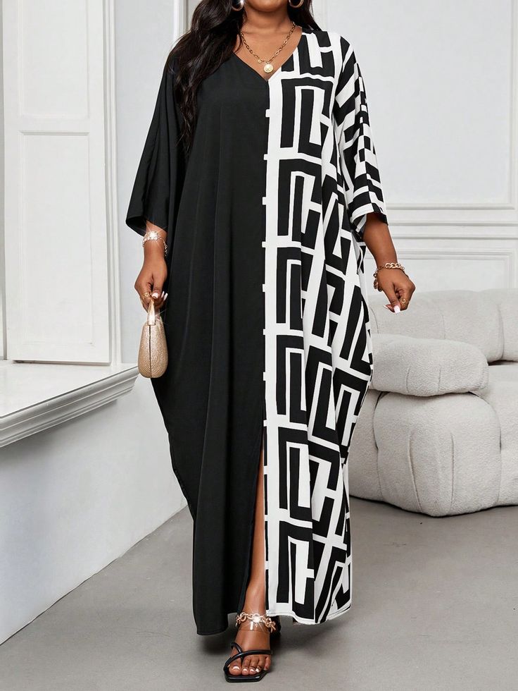 Plus Size V-Neck Long Sleeve Solid Color Patchwork Loose Casual Dress Robe Black and White Casual,Modest  Half Sleeve Woven Fabric Colorblock,Geometric Kaftan Non-Stretch  Women Plus Clothing, size features are:Bust: ,Length: ,Sleeve Length: Black V-neck Maxi Dress With Patchwork, Black Geometric Pattern Dress, Black Dress With Geometric Pattern, Black Geometric Pattern Maxi Dress For Spring, Black Maxi Dress With Geometric Pattern For Spring, White Geometric Pattern V-neck Dress, White Geometric V-neck Dress, White V-neck Dress With Geometric Pattern, Robe Schwarz