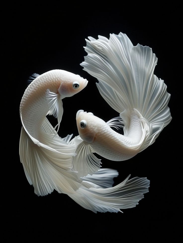 two white fish are swimming in the dark water with their tails curled up and facing each other