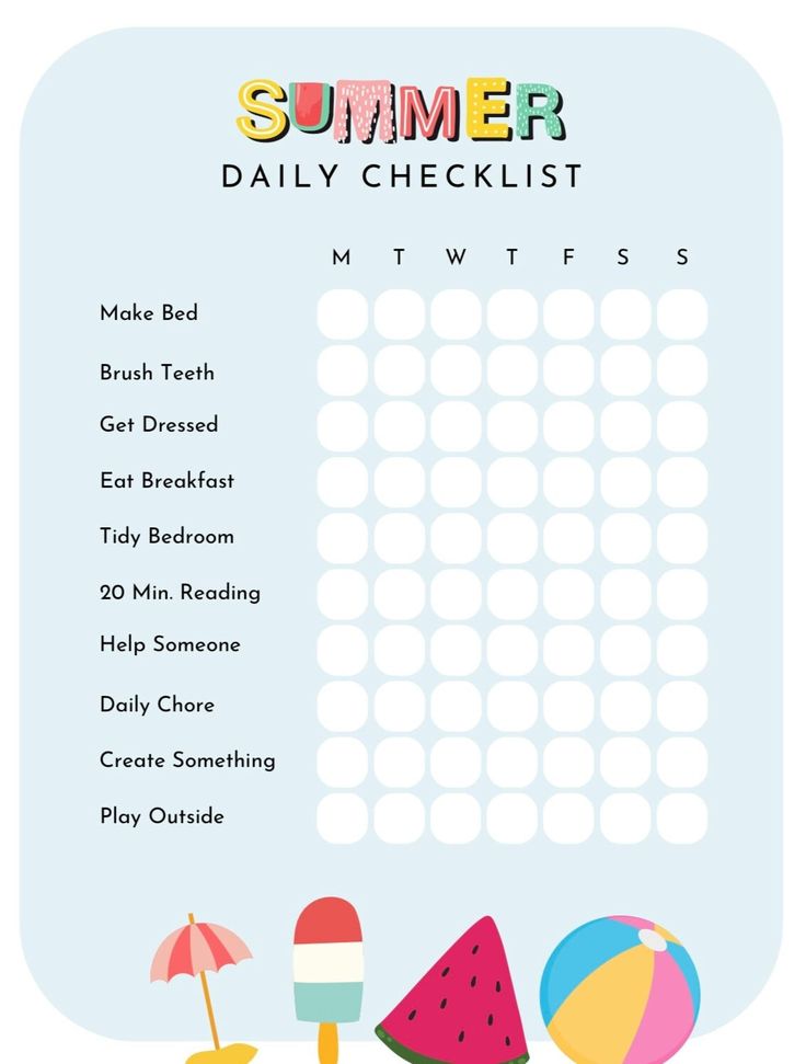 a printable summer daily checklist with watermelon, beach ball and umbrella