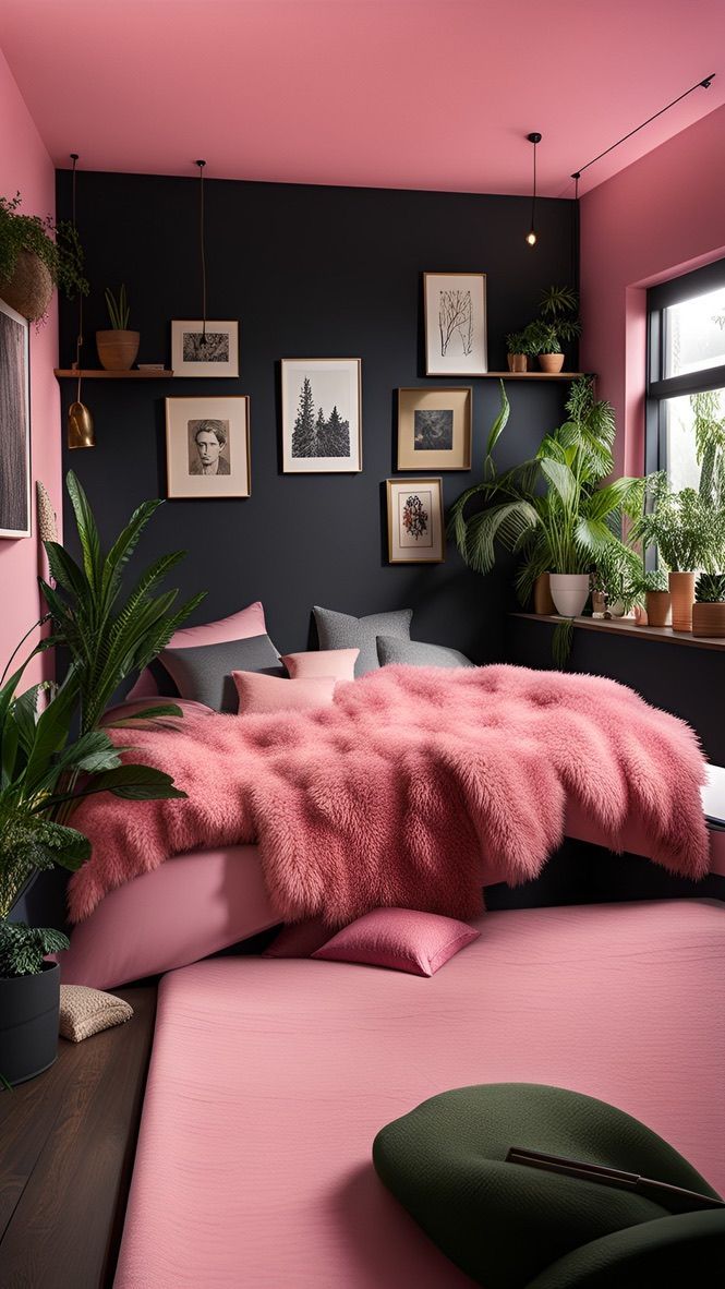 a bedroom with pink and black walls, potted plants and pictures on the wall