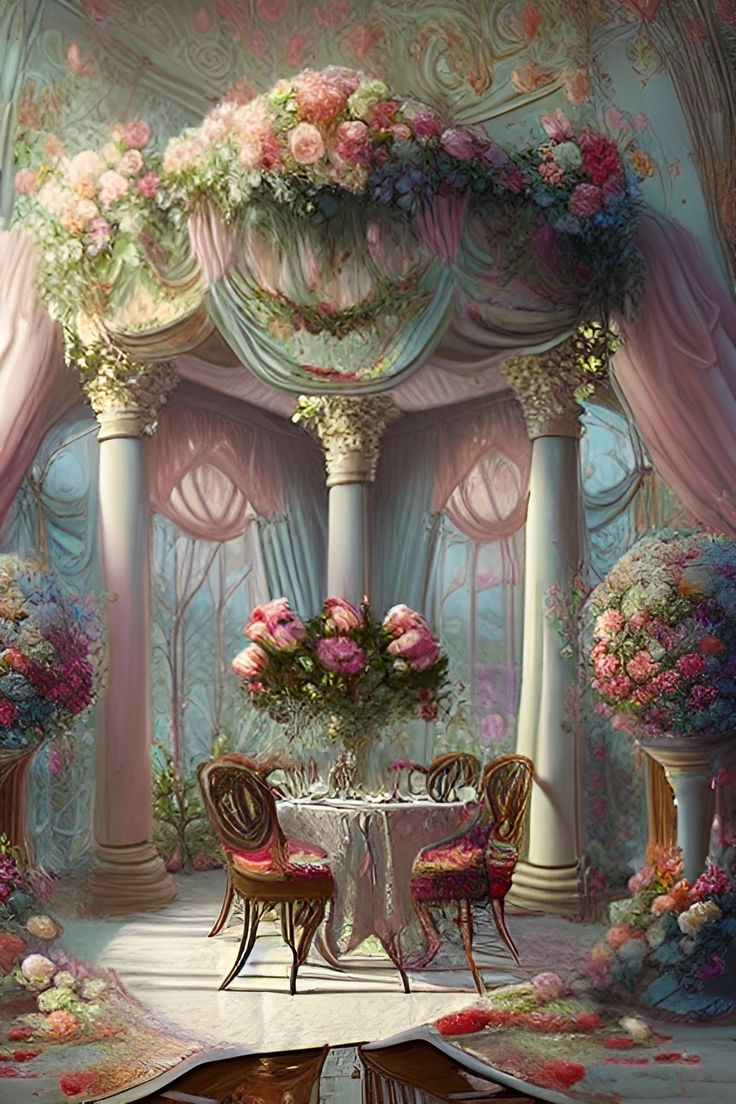 a painting of a table and chairs in a room with flowers on the walls,