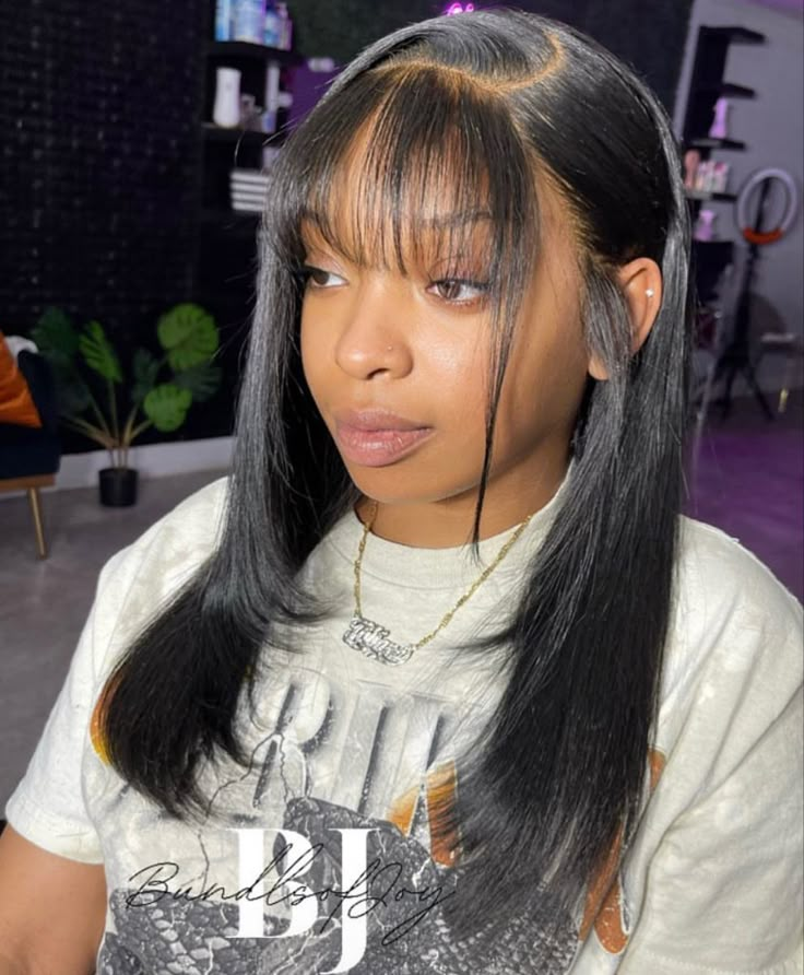 Bang On Black Women, Bangs On Black Women Natural Hair, Black Women Bang Hairstyles, Side Part With Bangs Wig, Bang Wigs For Black Women, Wig Styles For Black Women Lace, Side Part With Bangs Black Women, Fringe Wig Black Women, Wigs With Bangs For Black Women