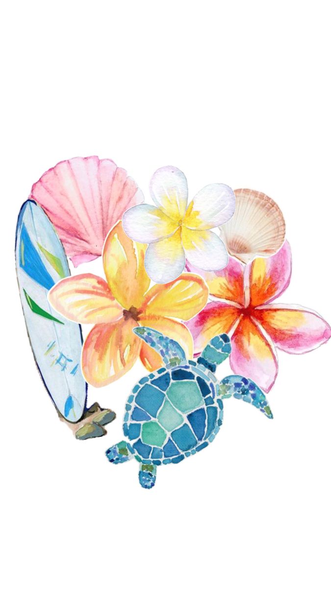 watercolor painting of flowers and a surfboard with a turtle on it's back