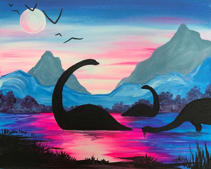 an acrylic painting of two dinosaurs in front of a mountain lake at sunset