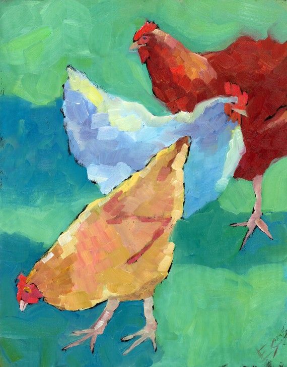 two chickens are standing next to each other on a green surface with blue and red colors