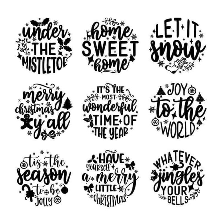 six hand drawn christmas sayings in black and white