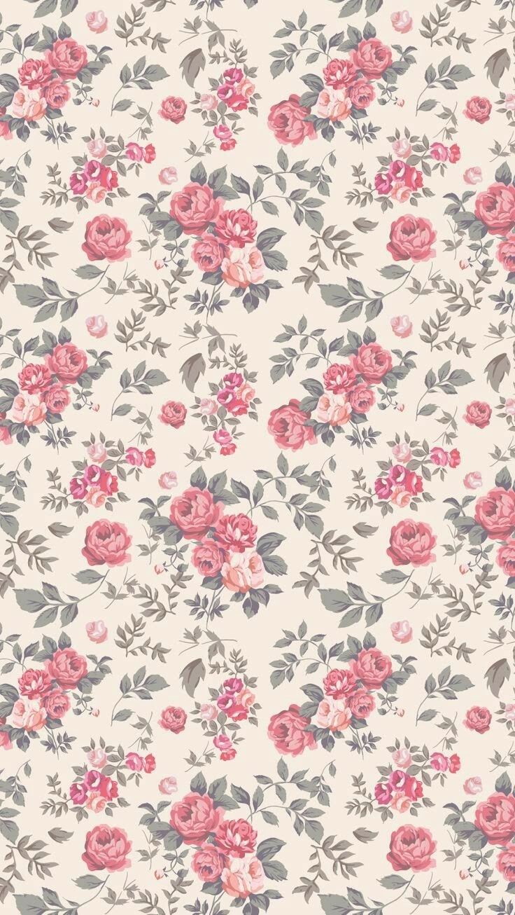 a floral wallpaper with pink and grey flowers on it's white back ground