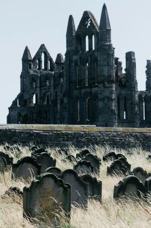 an old cemetery with many headstones in the foreground and ruins in the background