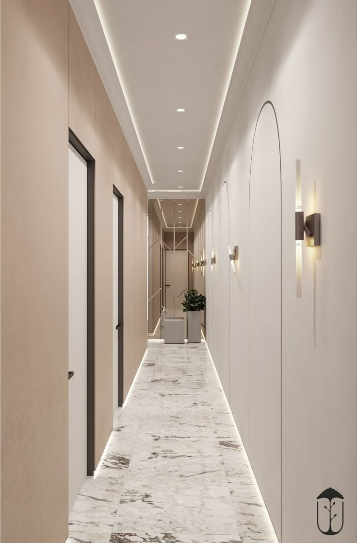 a long hallway with white walls and marble floors