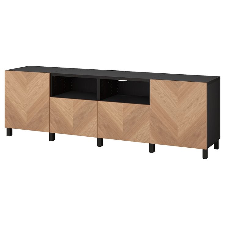 the sideboard is made out of wood and has black legs, two open compartments on each side