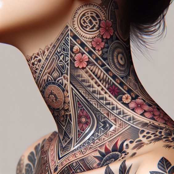 a woman's neck is covered with tattoos and flowers on her body, as well as an intricate design