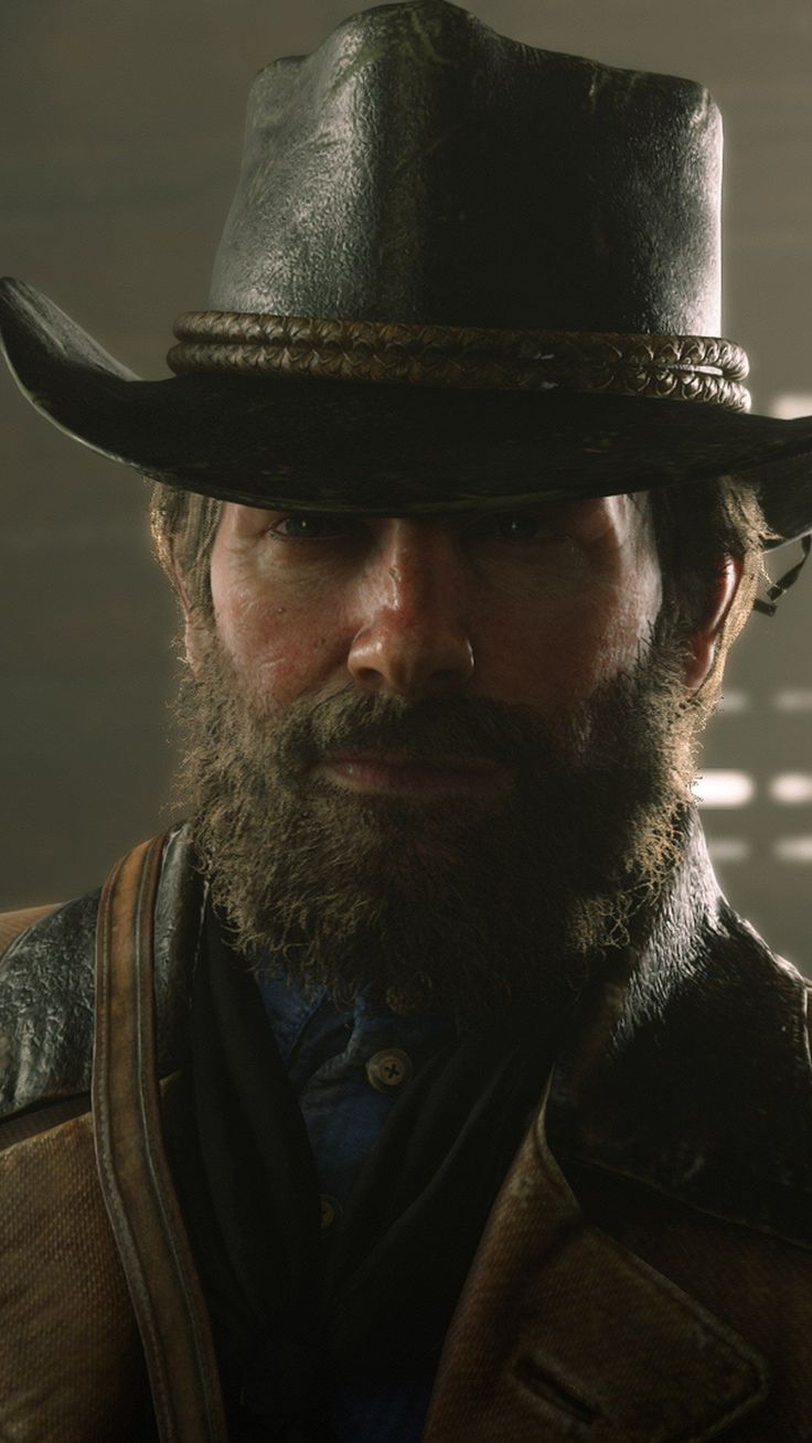 a man with a beard wearing a cowboy hat and leather jacket is looking at the camera