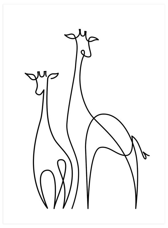 two giraffes standing next to each other in the same line on a white background