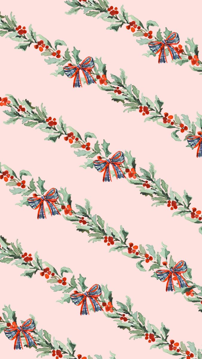 a pink background with holly and red berries on the stems, bows and ribbones