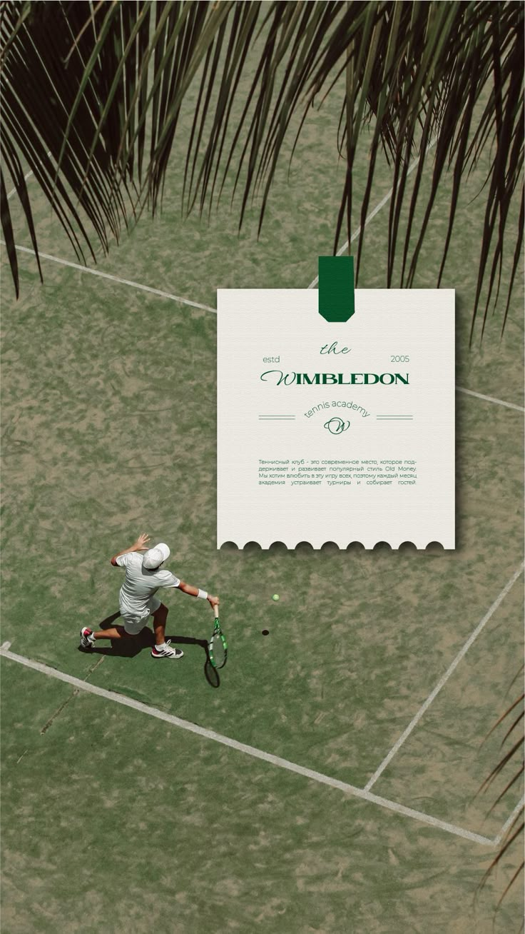 a man swinging a tennis racquet on top of a grass covered field next to a palm tree