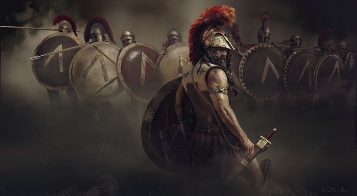 a group of roman soldiers standing in front of their spears and shields with red hair