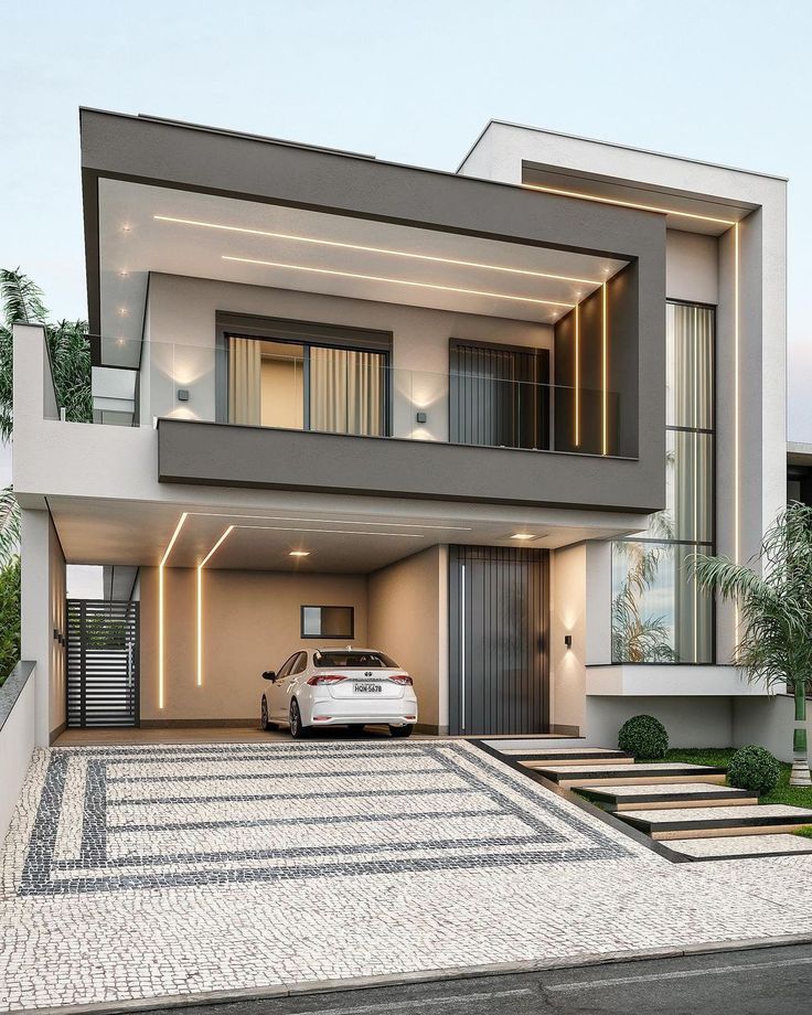 a car is parked in front of a modern house