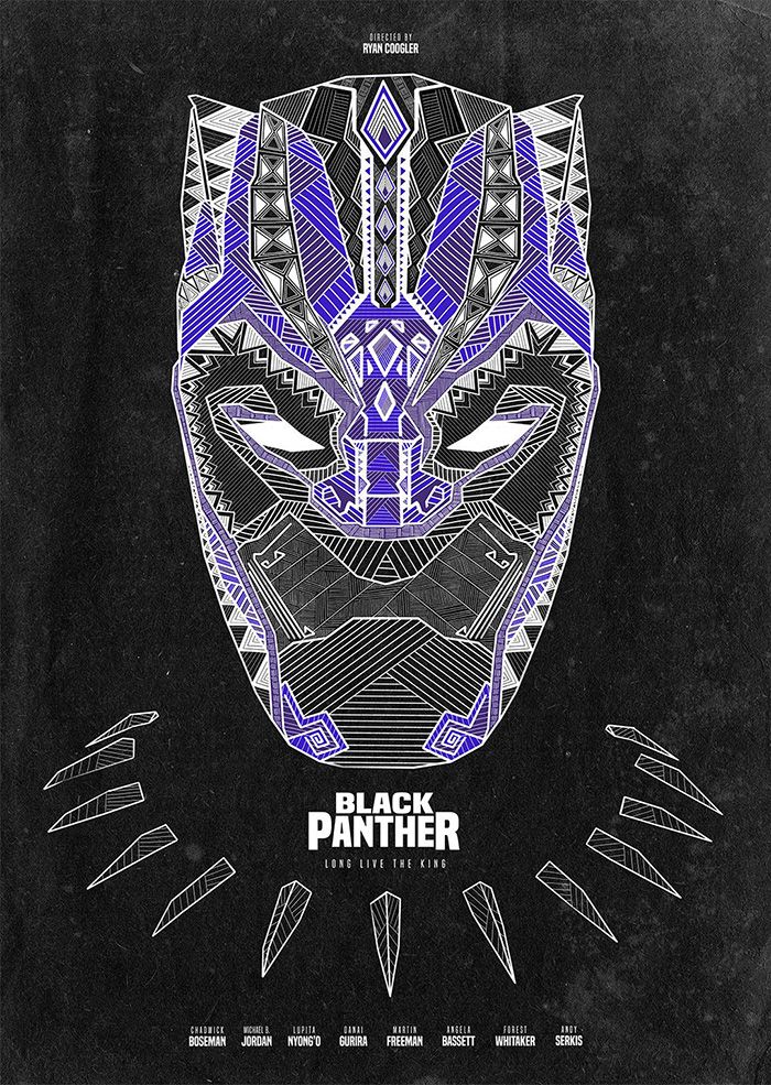 the black panther movie poster is shown in blue and purple colors on a black background