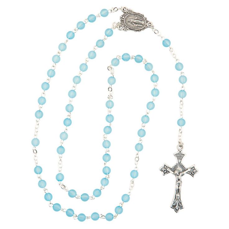 Give this beautiful blue aquamarine rosary to a loved one as a religious gift! Perfect for a baptism, First Communion or March birthday, this baby blue beaded rosary also makes a meaningful boy baby shower present. Take a look at even more religious keepsakes and gifts found elsewhere on this website. Metal. 18 3/4" Blue Rosary With 8mm Beads For Healing, Blue Rosary With 8mm Beads And Crucifix, Blue Rosary With 8mm Beads In Cross Shape, Blue Cross Rosary For Gift, Blue Cross Rosary As Gift, Blue Spiritual Jewelry For First Communion, Blue Spiritual Rosary As A Gift, Beaded Rosary, Pocket Token