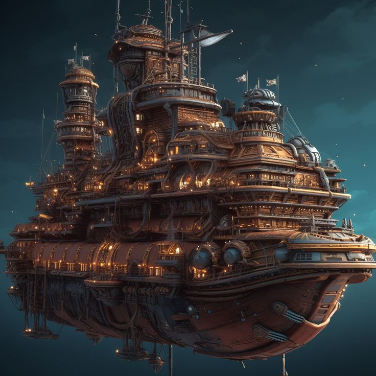 a futuristic ship floating in the air with lights on it's hulls and sails