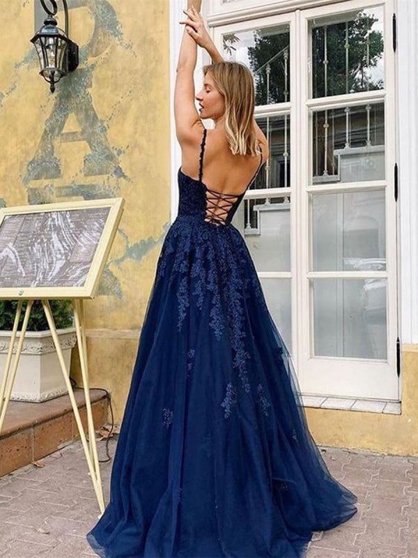 Silhouette:?A Line Waist: Natural Sleeve Length: Sleeveless Fabric:?Tulle Shown Color:?Navy Blue Built-In Bra: Yes Navy Blue Prom Dresses, Formal Ball Gown, Spaghetti Strap Prom Dress, Lace Formal Dress, Prom Dresses Sleeveless, Blue Tulle, Long Prom Dresses, Grad Dresses, Lace Evening Dresses