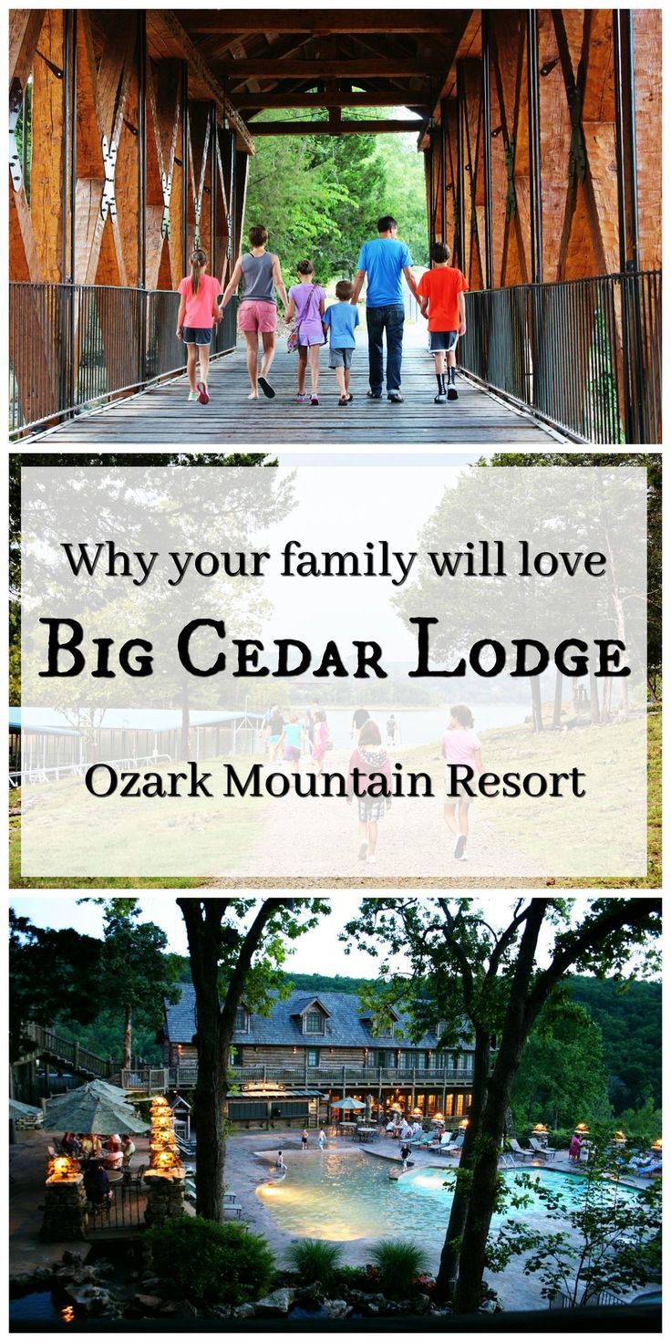 people walking across a bridge with the words why your family will love big cedar lodge