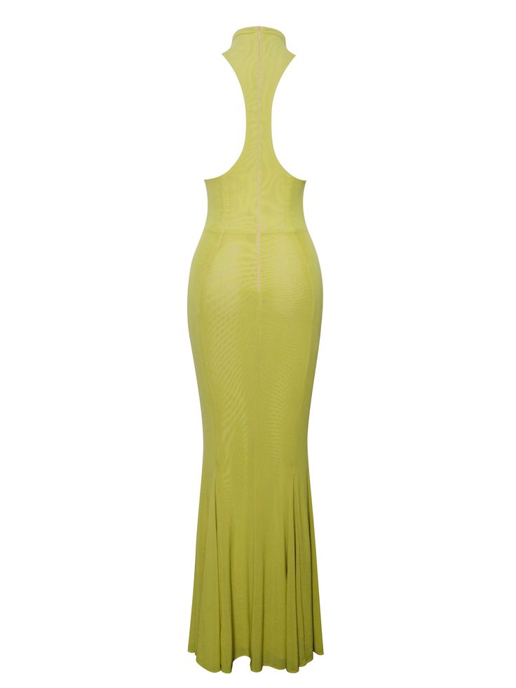 Behold our Irene maxi dress, an epitome of elegance and allure. Crafted from airy mesh fabric in a captivating olive green hue, this sleeveless marvel embodies sophistication. With its high-stretch material, it ensures both comfort and a flattering fit. The chic turtleneck design adds a touch of refinement. Embracing curves flawlessly, its mermaid shape exudes timeless allure. Completing its seamless silhouette is an invisible zipper at the back. Whether it's a formal affair or a special occasio Sleeveless Spring Mesh Dress For Gala, Green Halter Neck Evening Dress For Gala, Floor-length Mesh Dress, Green Sheer Maxi Dress, Green Sheer Maxi Length Dress, Olive Fitted Maxi Dress, Green Sleeveless Summer Evening Dress, Sleeveless Stretch Maxi Dress For Gala, Chic Green Sleeveless Evening Dress