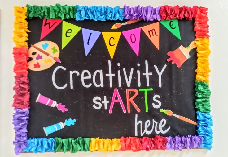 a chalkboard with the words creativity starts here painted on it and decorated with colorful fringes