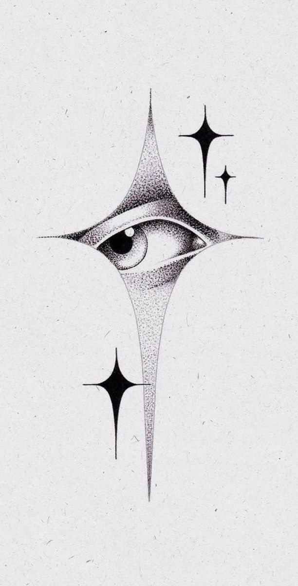 an all seeing eye with three stars on the bottom and one in the middle, as if