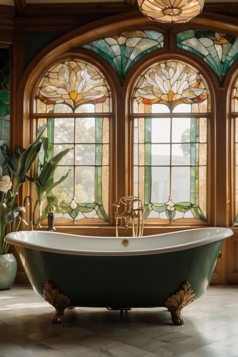 an ornate bathroom with stained glass windows and a claw foot bathtub in the center