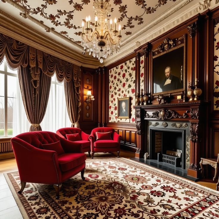 a living room filled with furniture and a fire place under a chandelier in front of a window