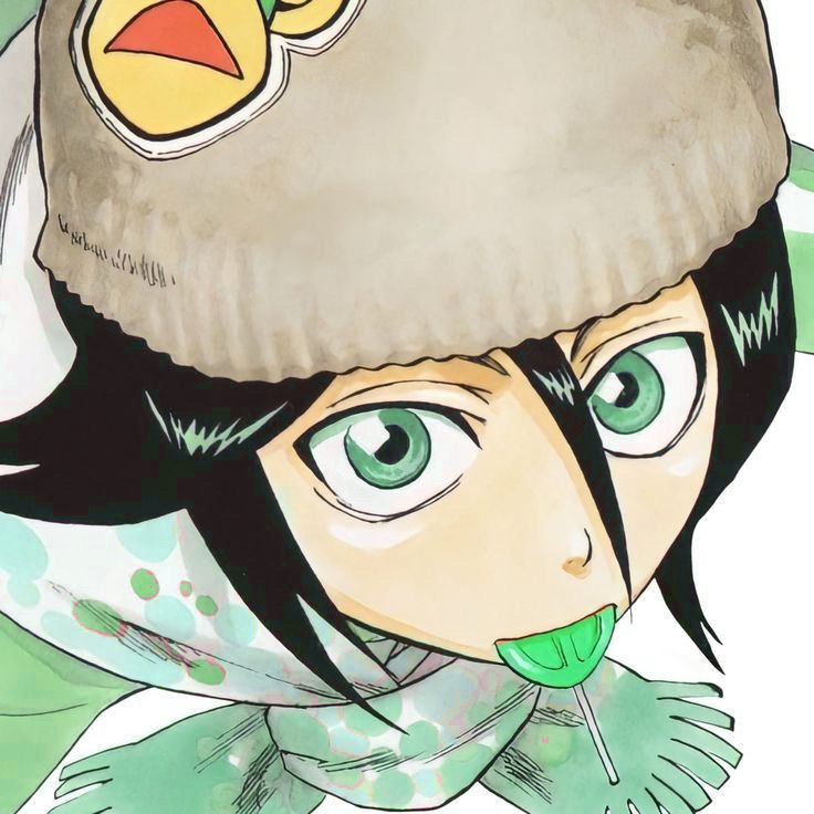 an anime character with green eyes and a beanie on her head is staring at the camera