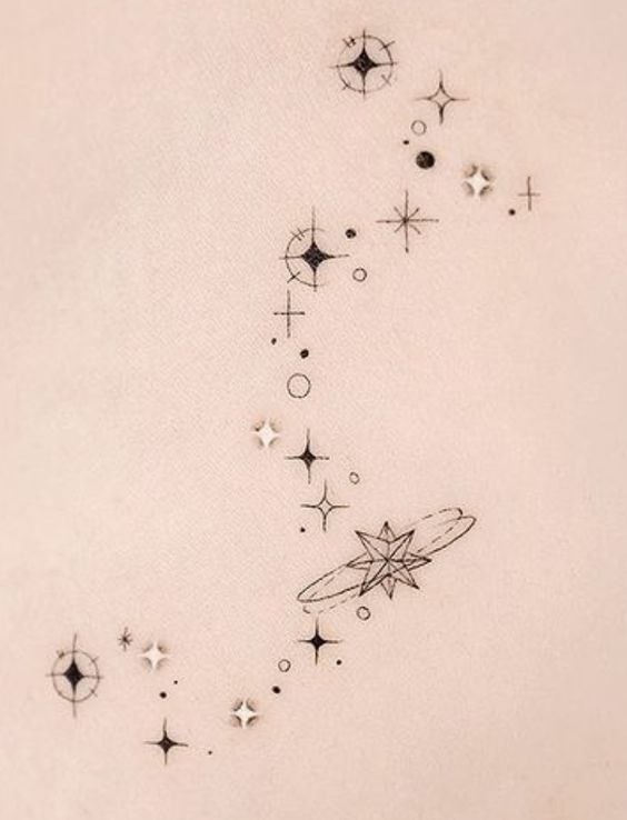 an artistic tattoo design with stars and a surfboard