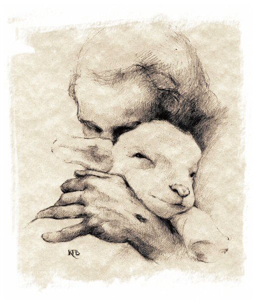 a drawing of a man holding a lamb in his arms and hugging it's face