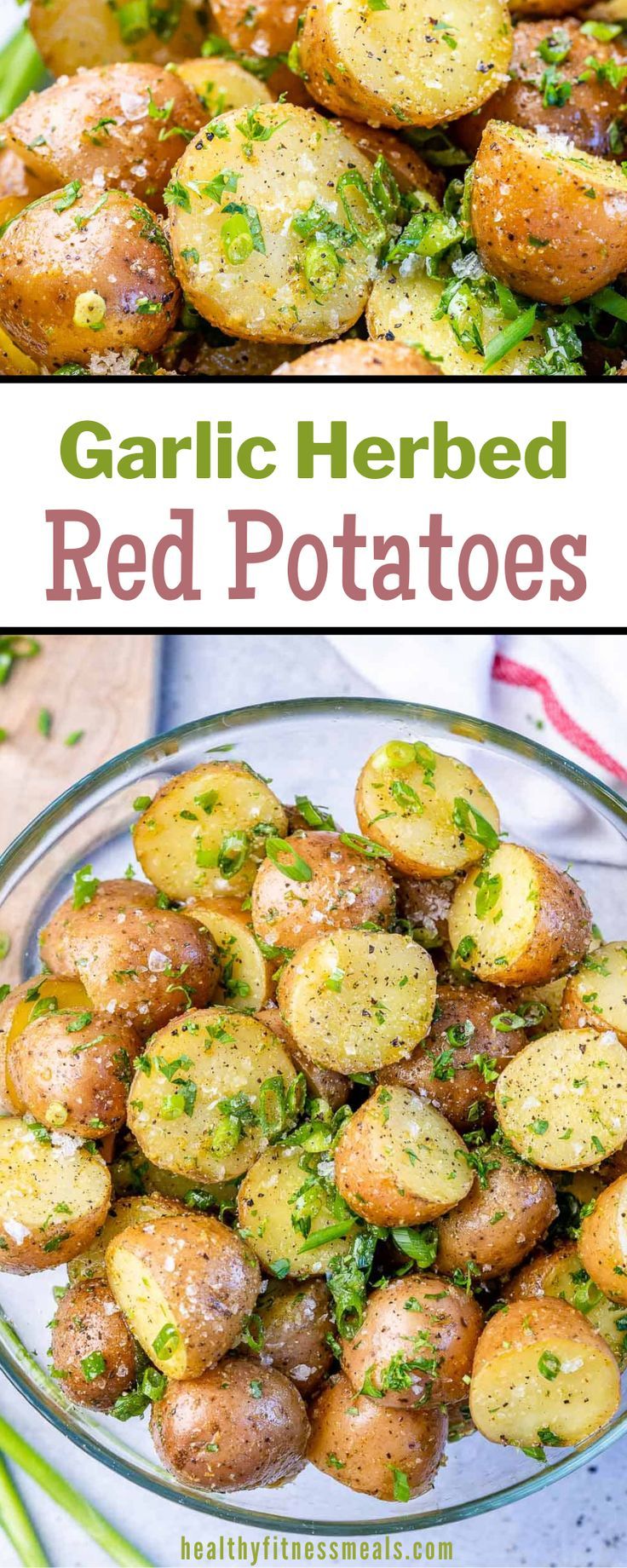 garlic herbed red potatoes in a glass bowl