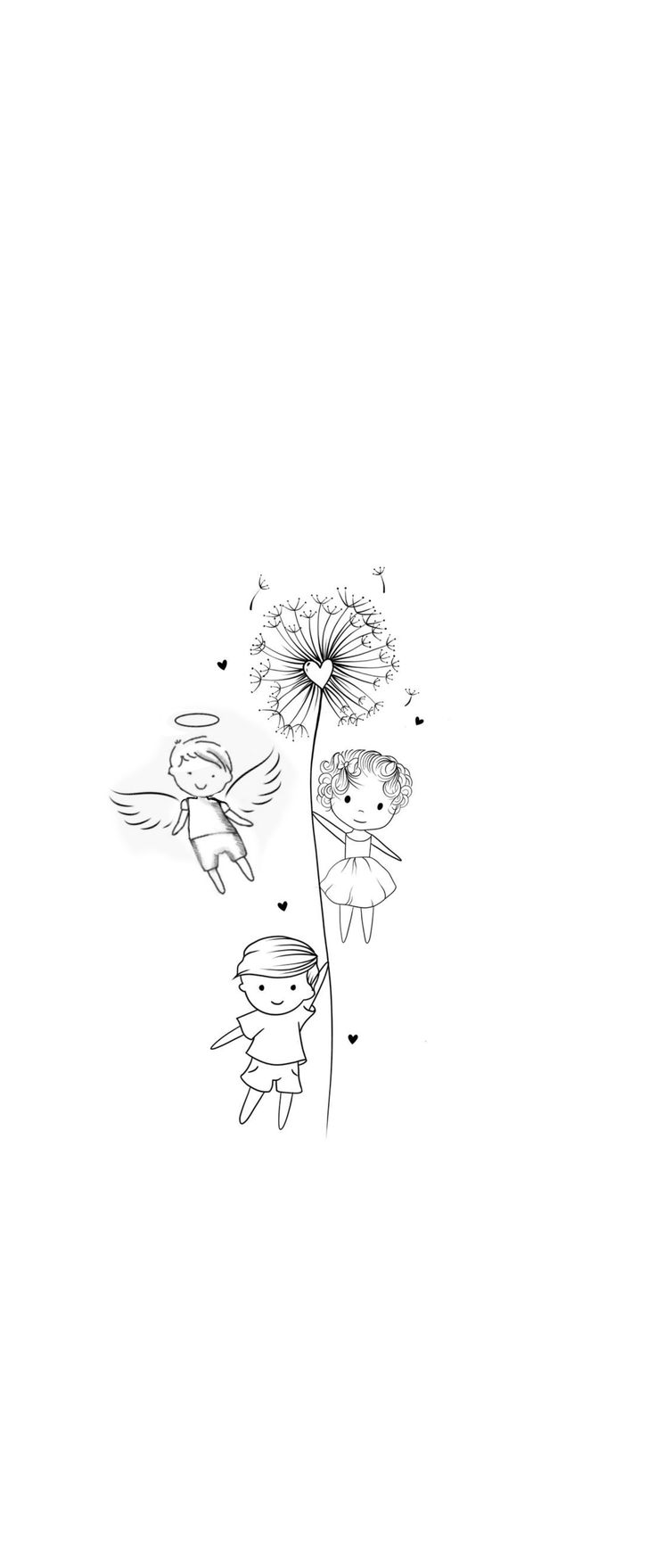 a black and white drawing of a dandelion with two birds flying around it