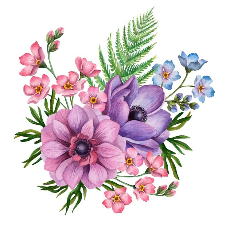 an arrangement of flowers painted in watercolor on white paper with green leaves and pink, blue, purple and lavender colors