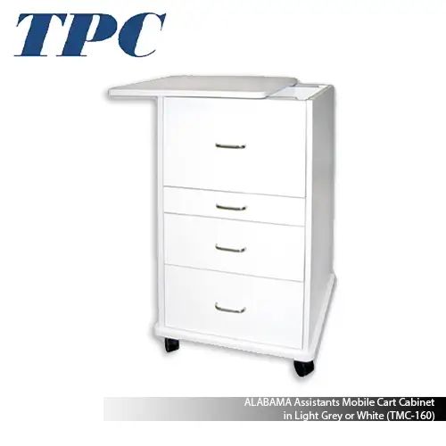 a white cabinet with four drawers on it's wheels and the words tpc above